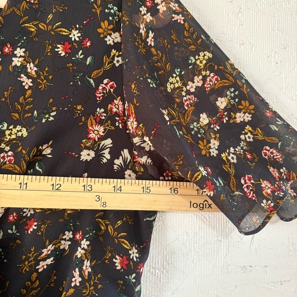 Blu Pepper Small A-Line Sheer Black Floral V-Neck Dress Short Flutter Sleeves - Picture 4 of 9